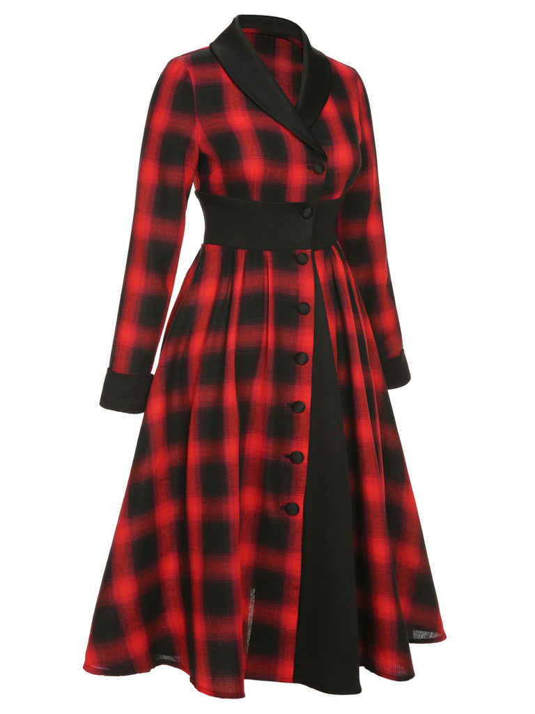 Robe noire et rouge à revers boutonné à carreaux vichy des années 1950