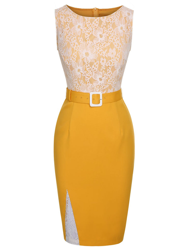 [Prévente] Robe jaune en dentelle unie avec ceinture et patchwork des années 1960