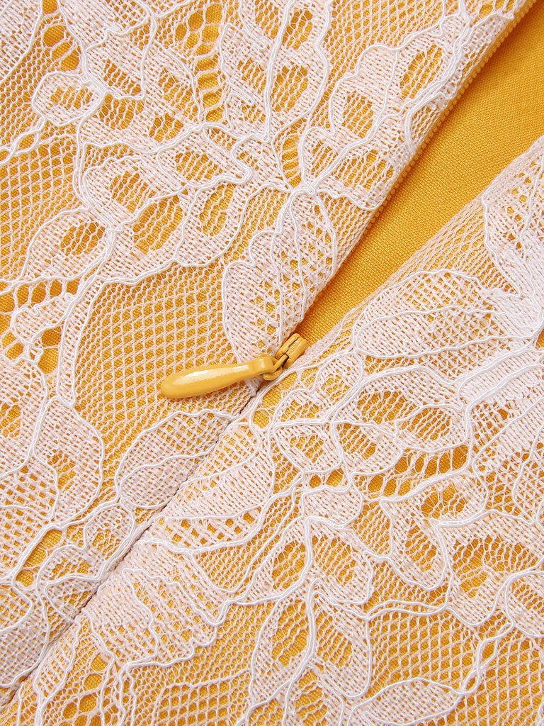 [Prévente] Robe jaune en dentelle unie avec ceinture et patchwork des années 1960