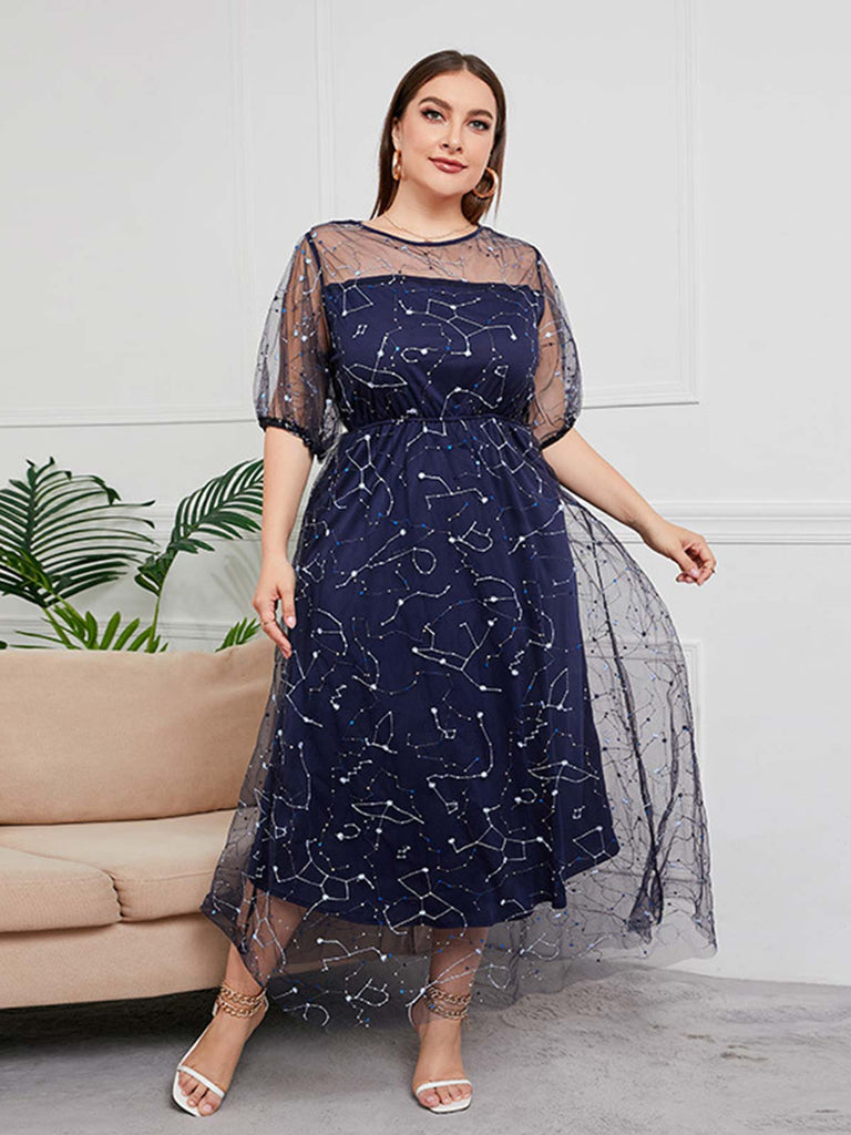 Robe en maille Constellation bleu foncé grande taille des années 1930