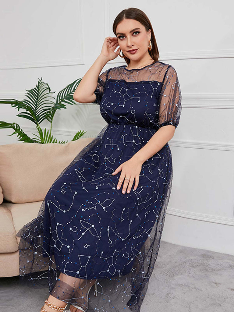 Robe en maille Constellation bleu foncé grande taille des années 1930