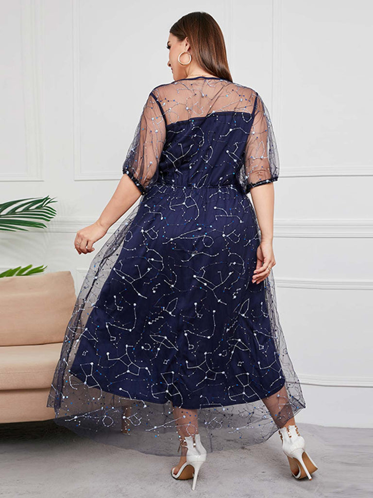 Robe en maille Constellation bleu foncé grande taille des années 1930