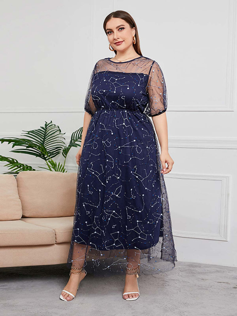 Robe en maille Constellation bleu foncé grande taille des années 1930