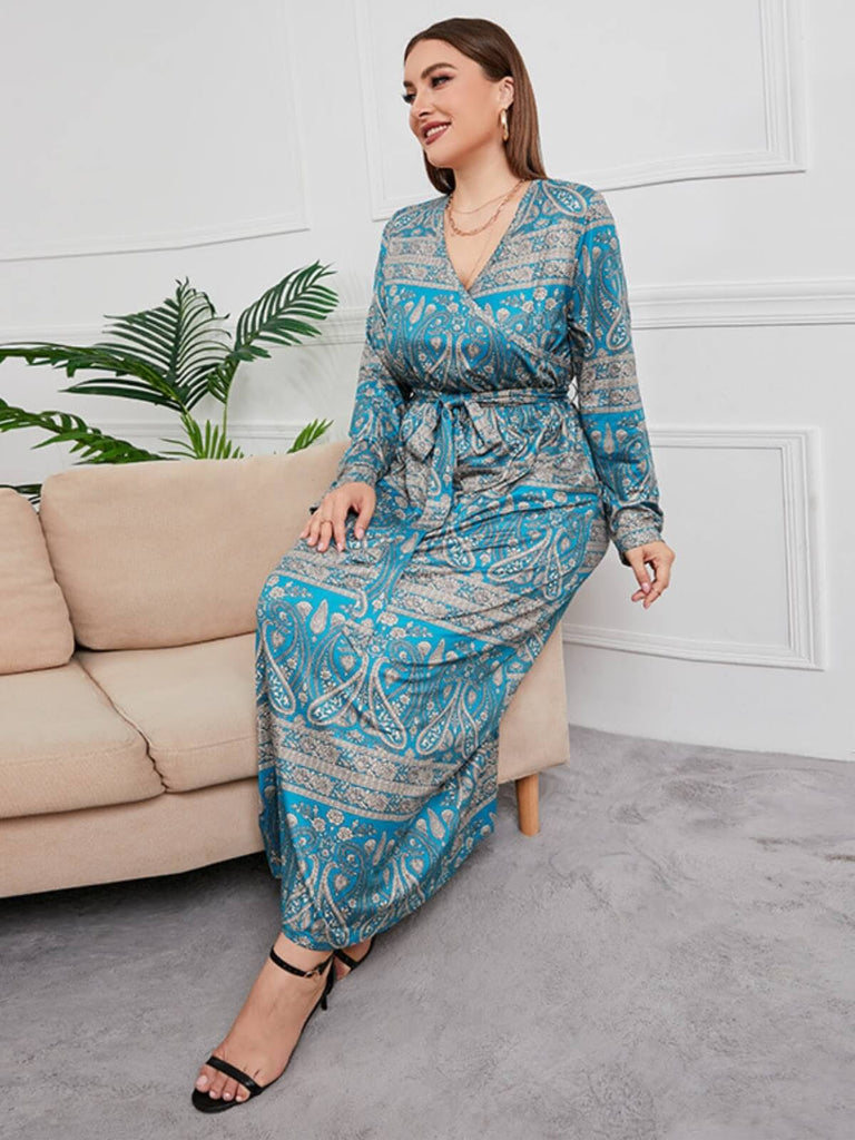 Robe bleu vert à col en V grande taille imprimé cachemire des années 1930