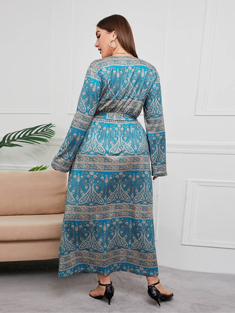 Robe bleu vert à col en V grande taille imprimé cachemire des années 1930
