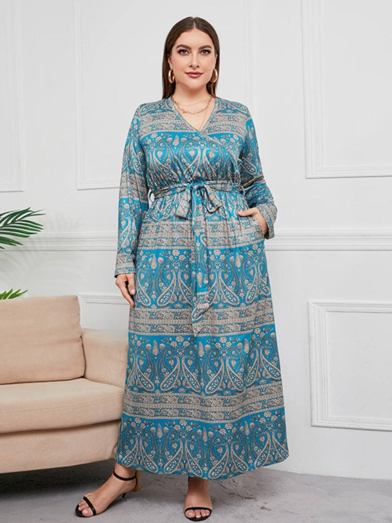 Robe bleu vert à col en V grande taille imprimé cachemire des années 1930