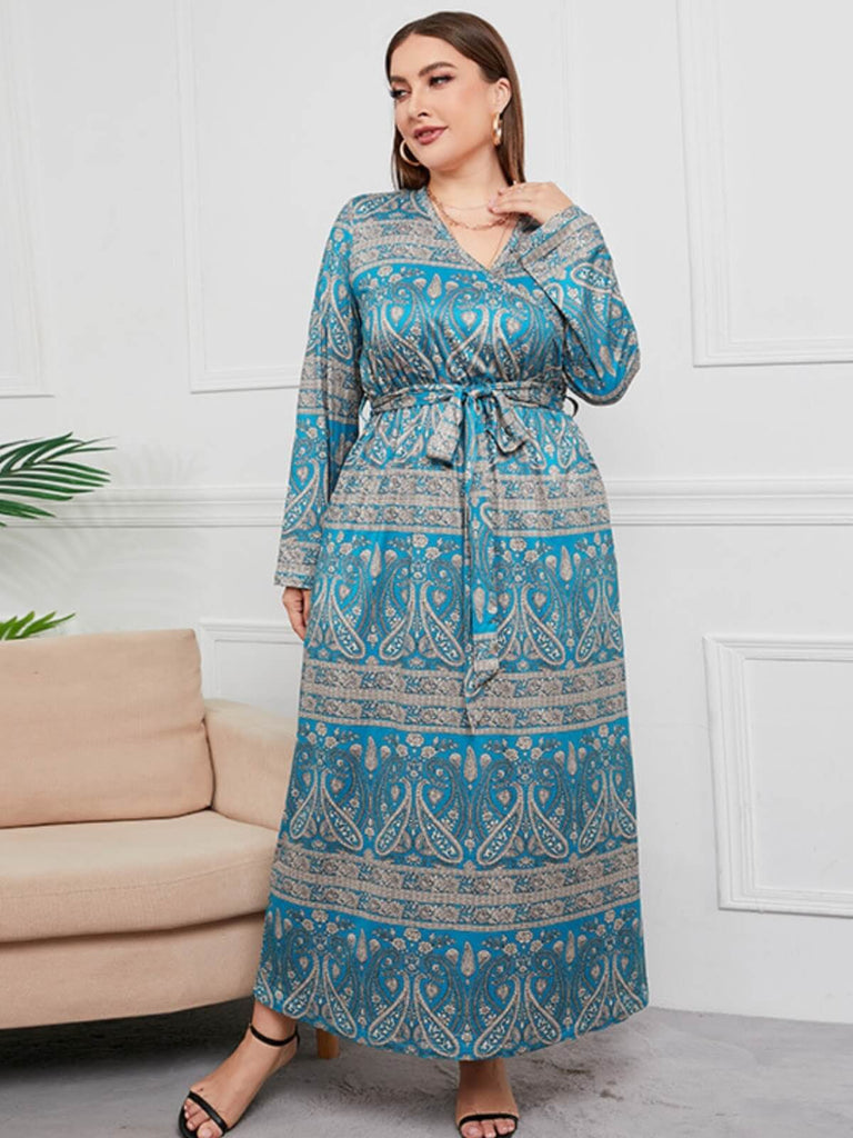Robe bleu vert à col en V grande taille imprimé cachemire des années 1930