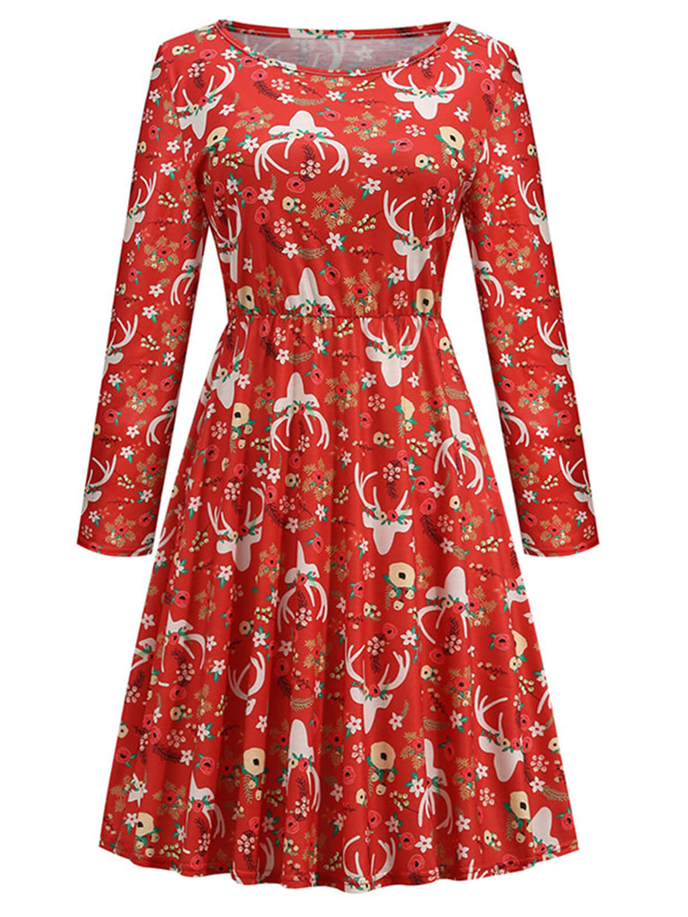 Robe florale de renne de Noël rouge des années 1940