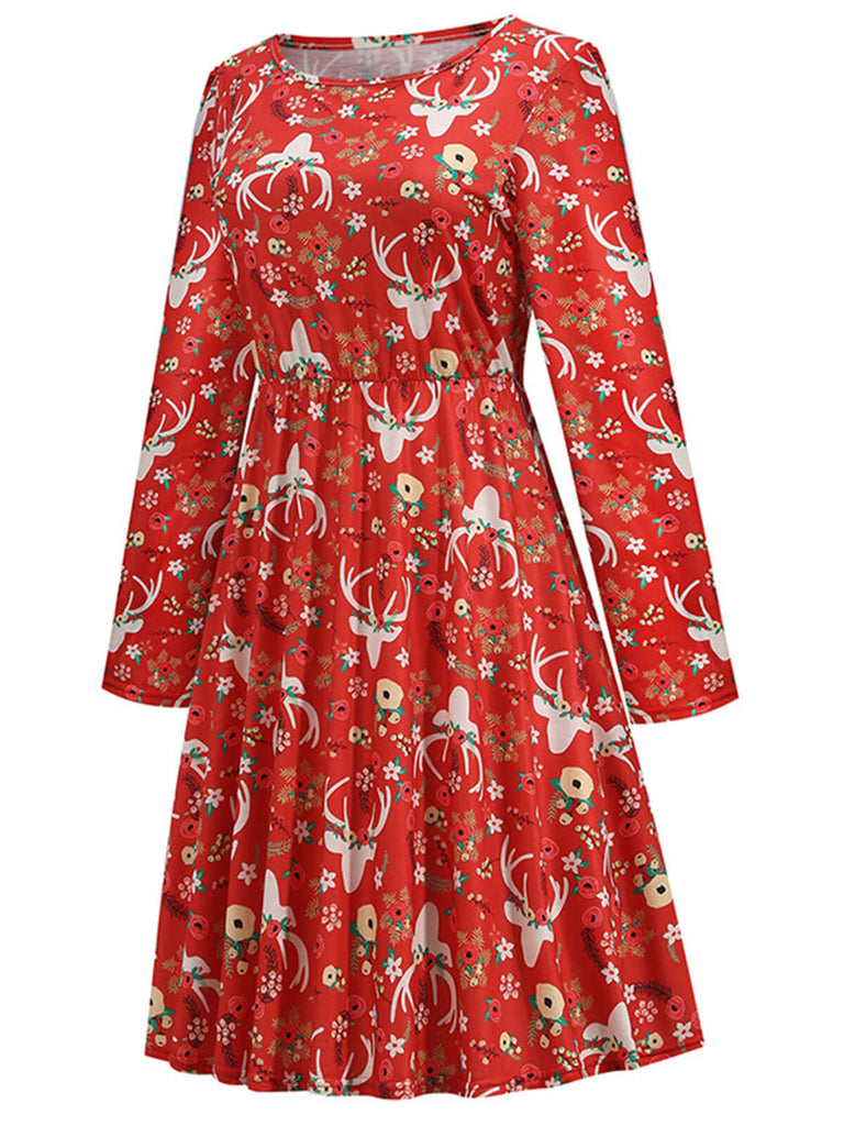 Robe florale de renne de Noël rouge des années 1940