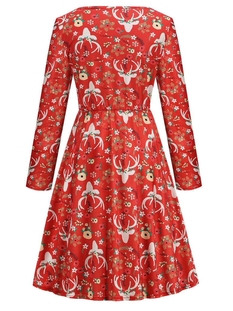 Robe florale de renne de Noël rouge des années 1940