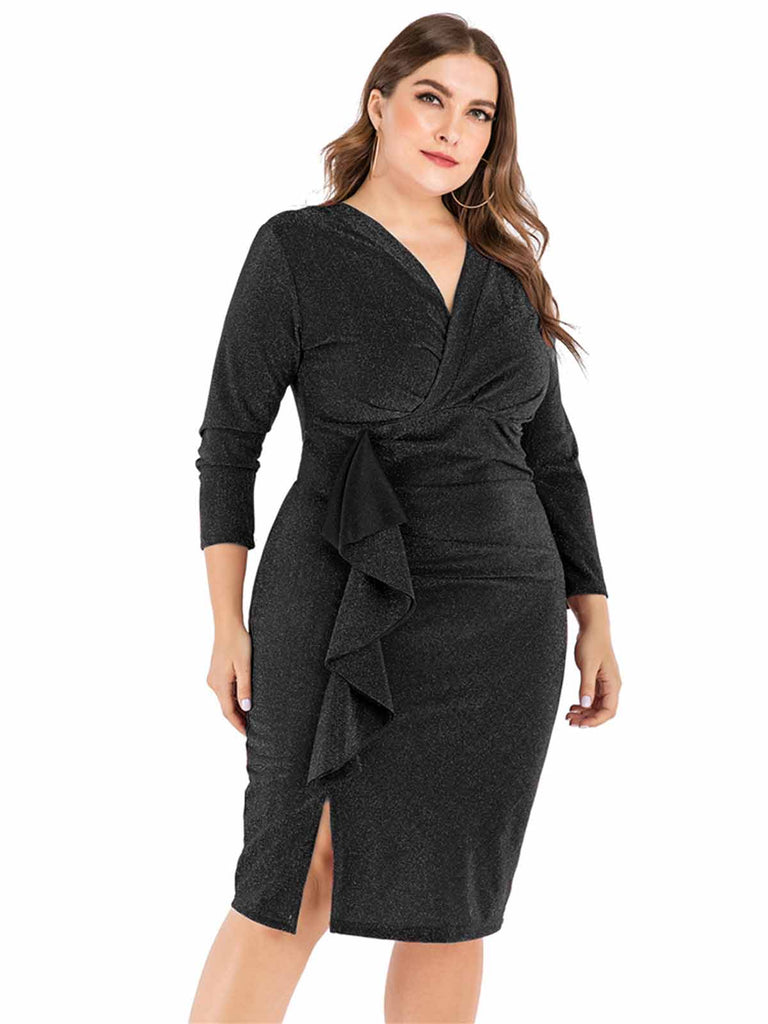 Robe pailletée à col en V et fente latérale de grande taille des années 1960