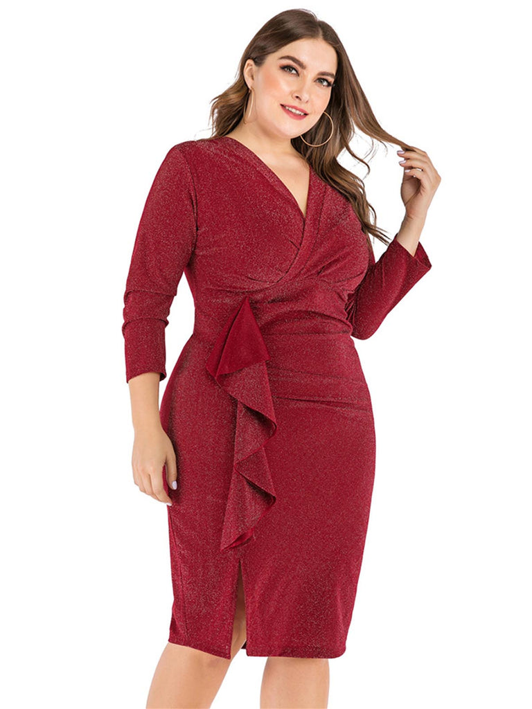 Robe pailletée à col en V et fente latérale de grande taille des années 1960
