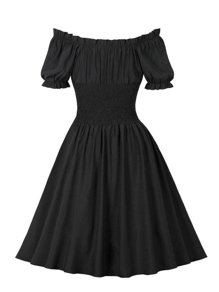 Robe à épaules dénudées à taille smockée unie des années 1950