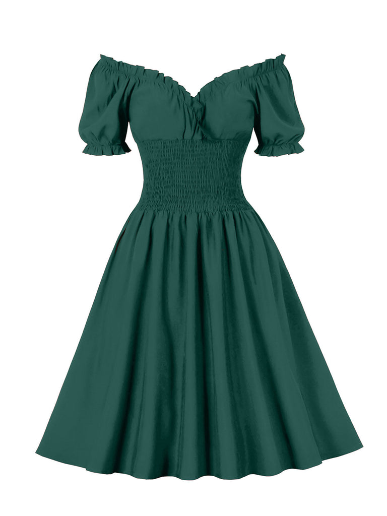 Robe à épaules dénudées à taille smockée unie des années 1950