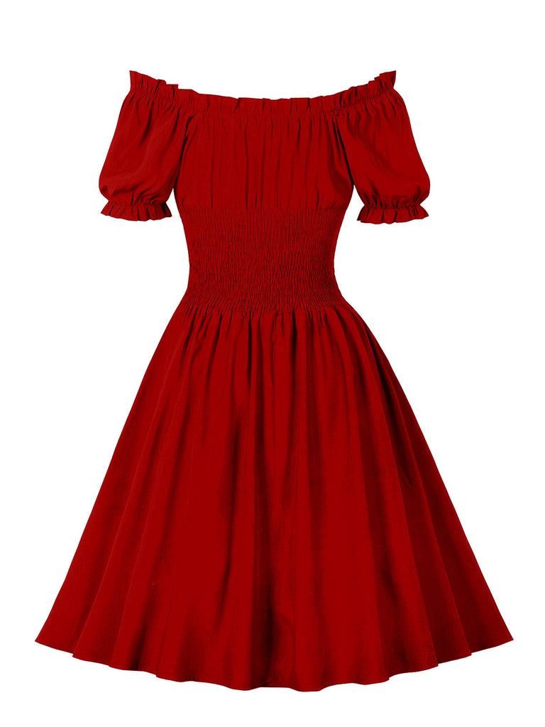 Robe à épaules dénudées à taille smockée unie des années 1950