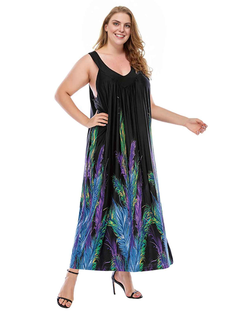Robe droite noire grande taille à imprimé plumes colorées des années 1930