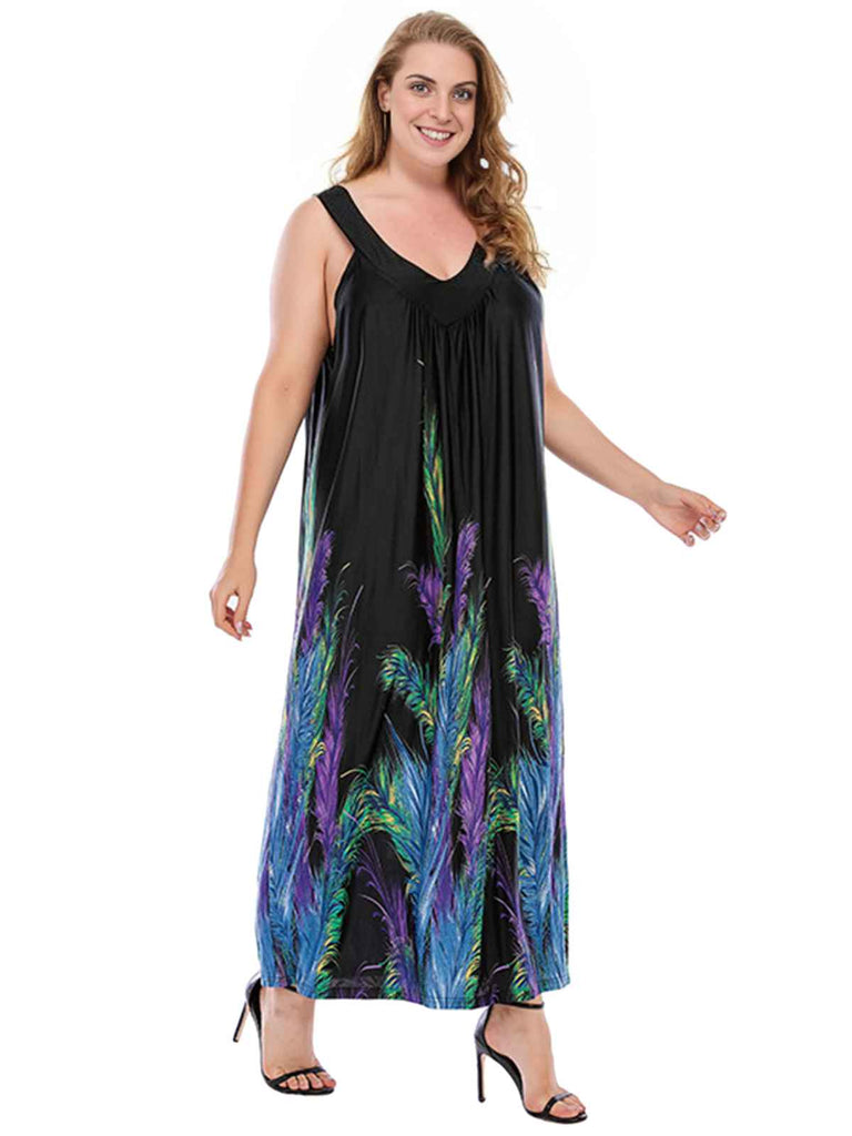 Robe droite noire grande taille à imprimé plumes colorées des années 1930