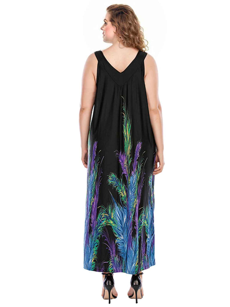 Robe droite noire grande taille à imprimé plumes colorées des années 1930