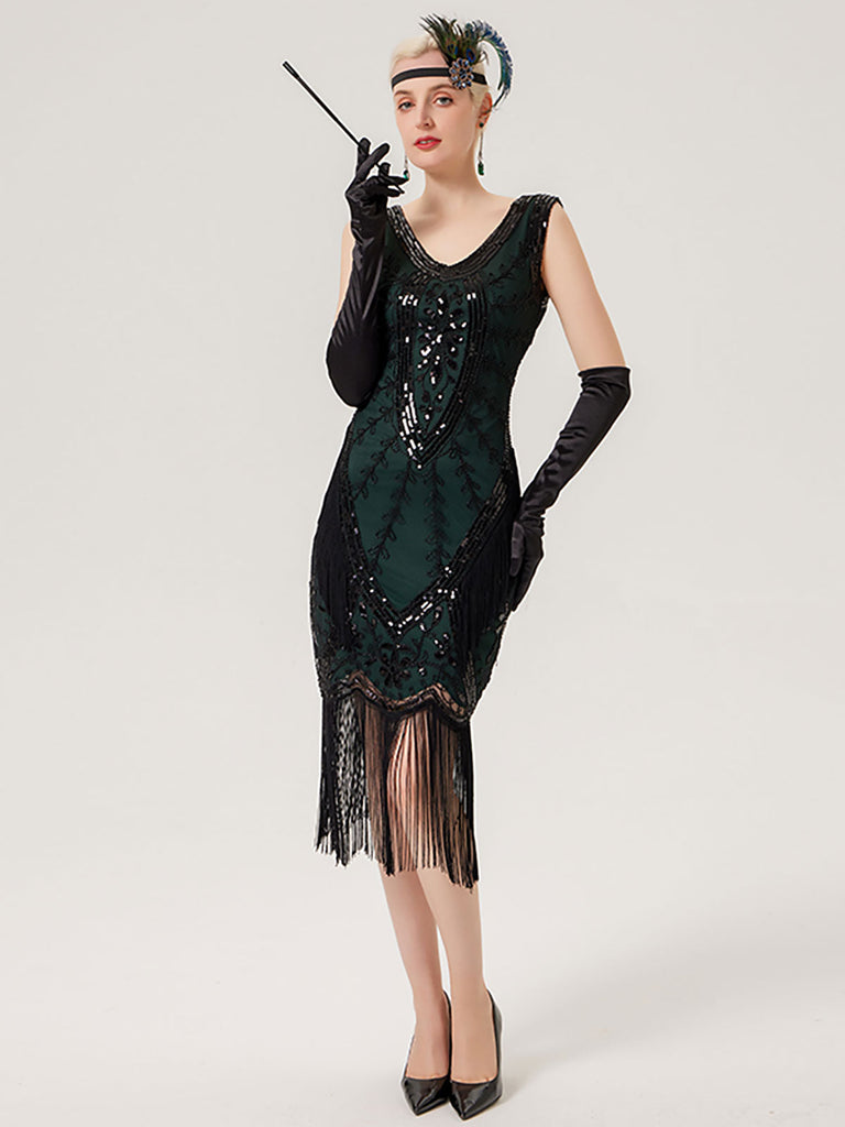 Robe Charleston sans manches à franges et paillettes des années 1920