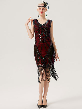 Robe De Cocktail Gatsby Années 1920 Avec Franges Et Paillettes - Sans Manches, Dos Nu, 100% Polyester - 8