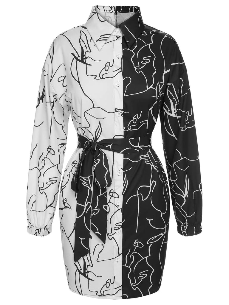 Robe à revers d’art abstrait noir et blanc des années 1960