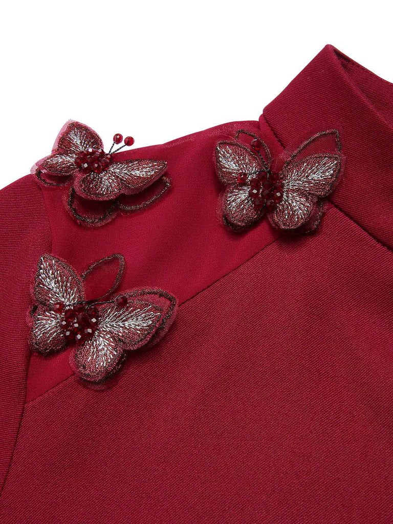2PCS chemisier et jupe trapèze papillons rouges des années 1940