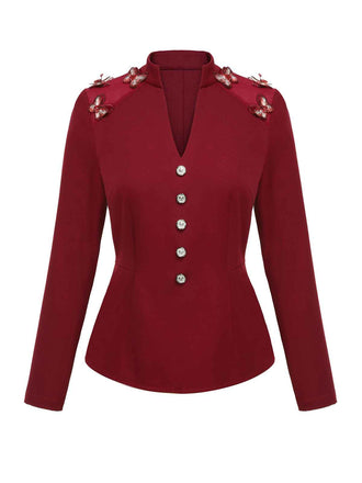 Blouse papillons à col montant rouge des années 1940