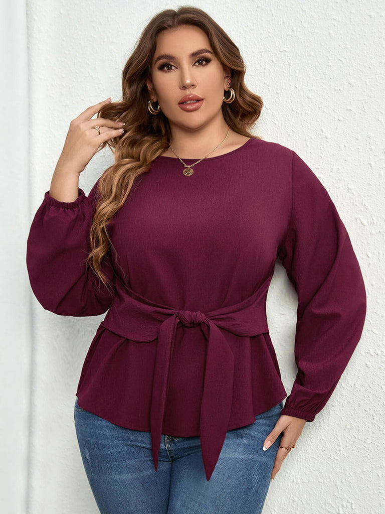 Top violet grande taille à nouer et poignets élastiques des années 1950