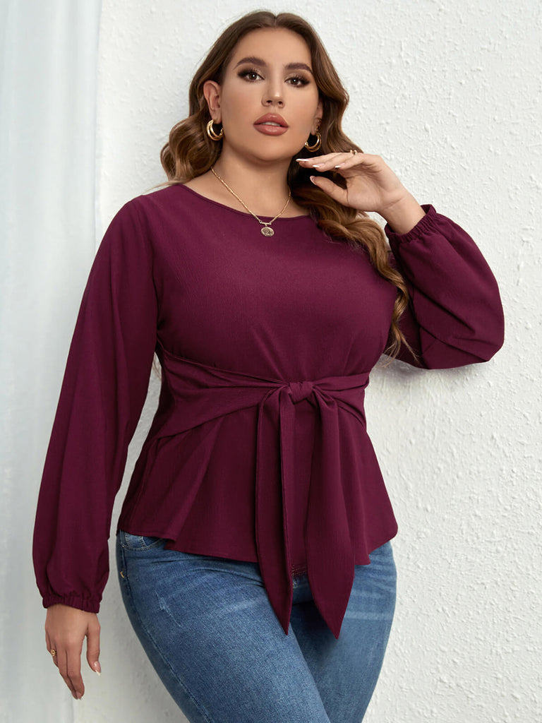 Top violet grande taille à nouer et poignets élastiques des années 1950