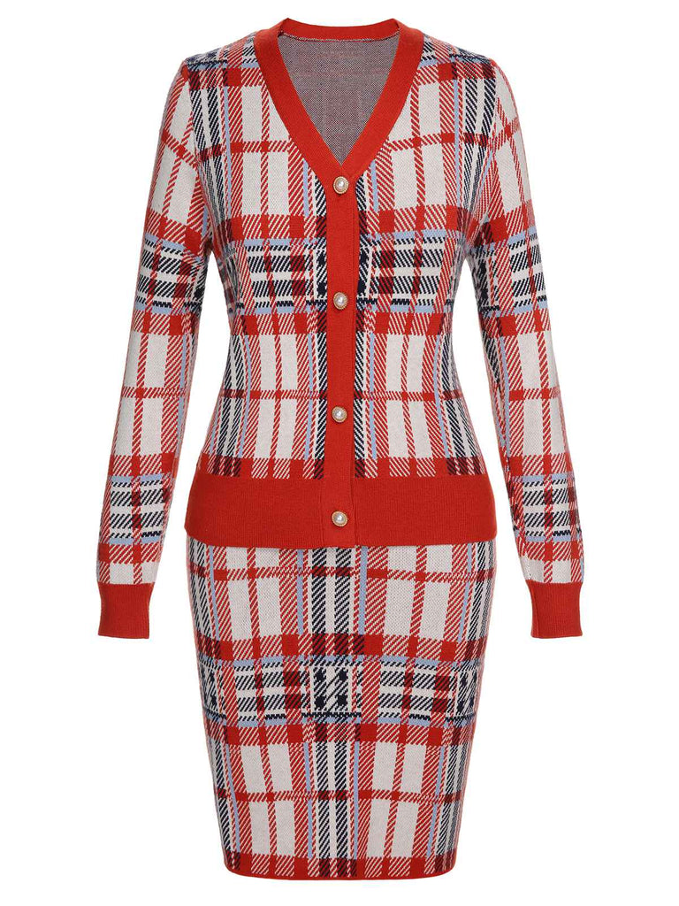 2PCS Cardigan et jupe tricotés à carreaux de Noël rouges des années 1960