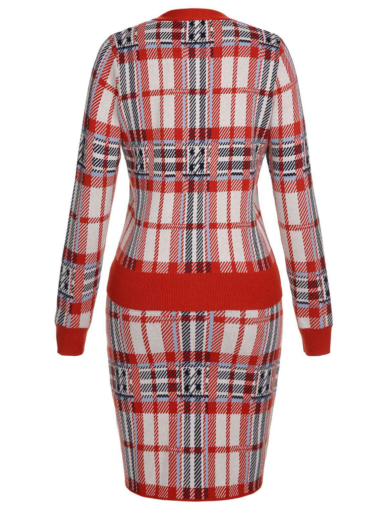 2PCS Cardigan et jupe tricotés à carreaux de Noël rouges des années 1960