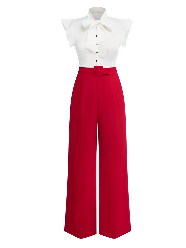 [Pré-vente] 2PCS Chemisier à col nœud blanc et pantalon rouge des années 1930