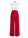 2PCS Chemisier à col nœud blanc et pantalon rouge des années 1930