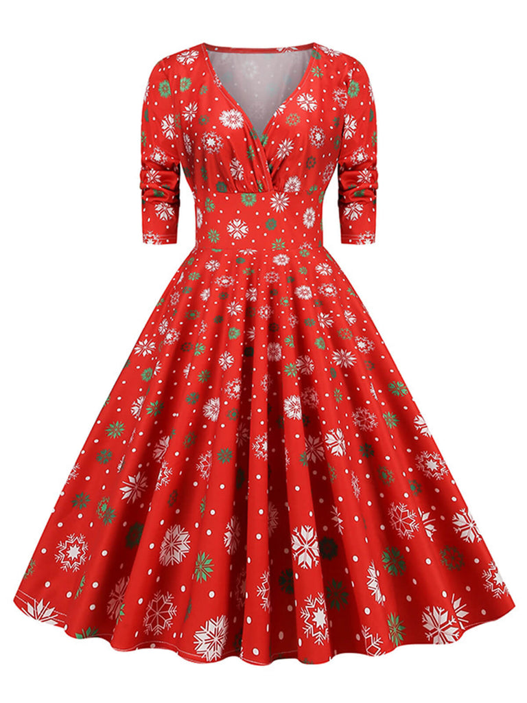 Robe de Noël col V à manches mi-longues des années 1950