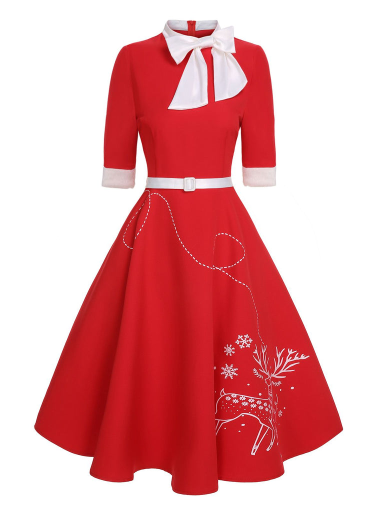 Robe rouge avec ceinture et nœud en forme d'élan des années 1950