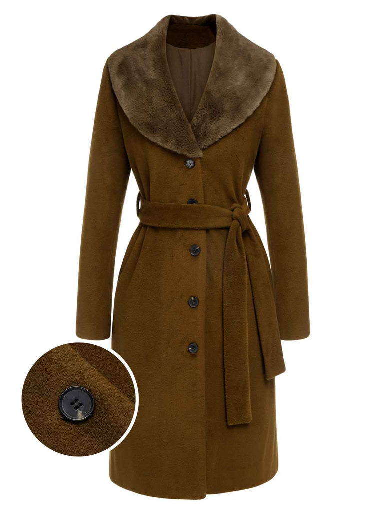 Manteau ceinturé à col en fourrure marron des années 1940