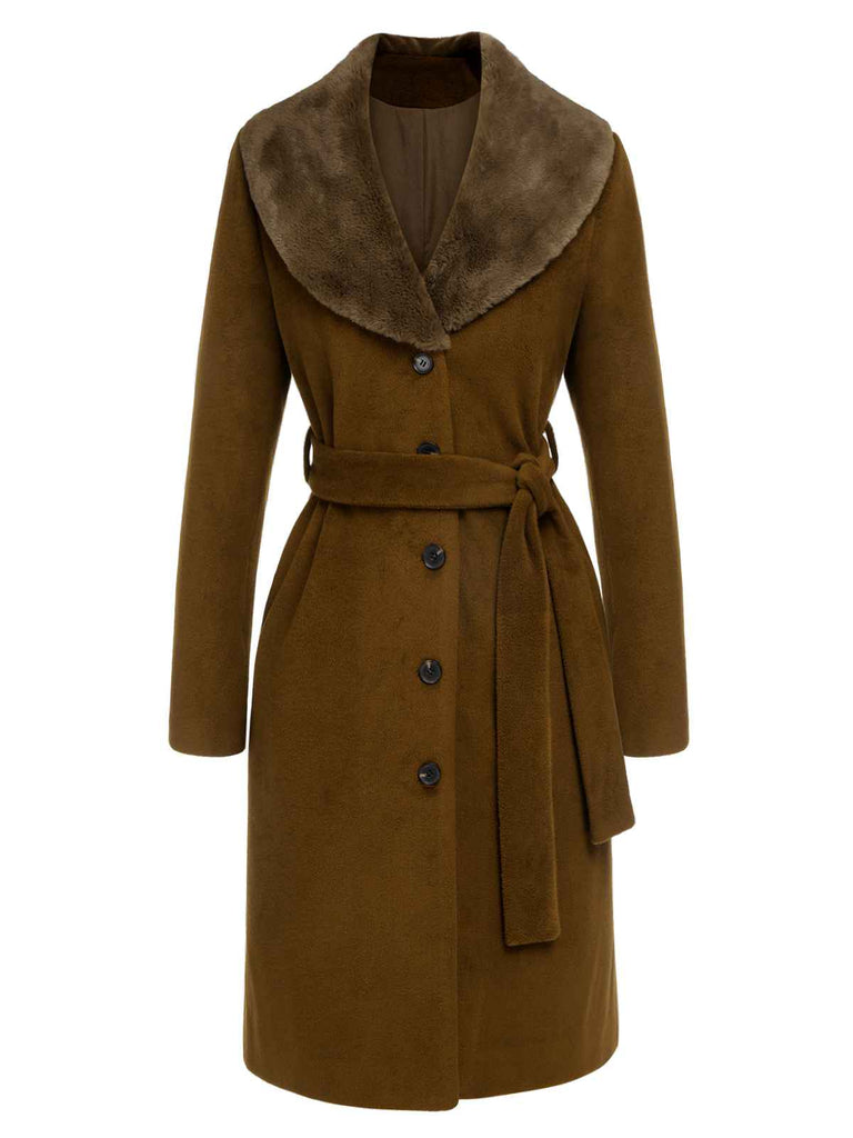 Manteau ceinturé à col en fourrure marron des années 1940