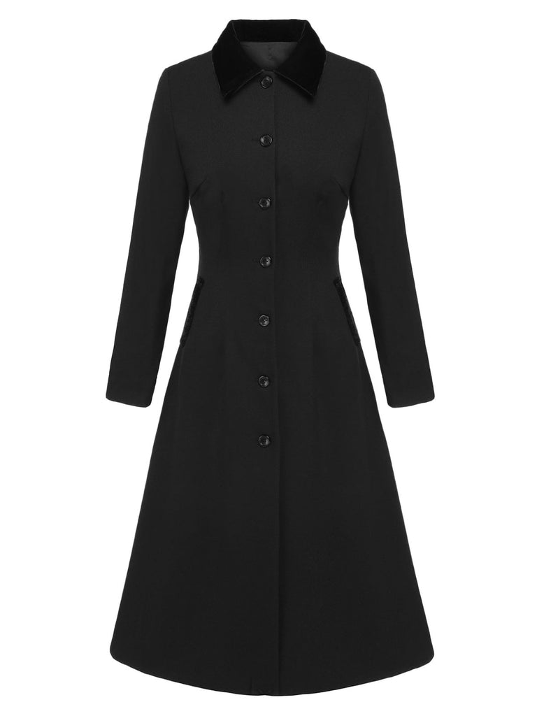Manteau noir à revers et col boutonné uni des années 1940