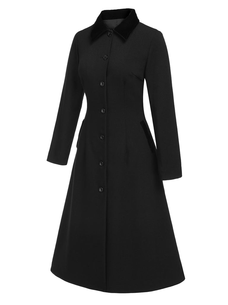 Manteau noir à revers et col boutonné uni des années 1940