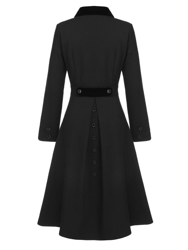 Manteau noir à revers et col boutonné uni des années 1940