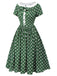 Robe patchwork verte à pois et nœud papillon des années 1940