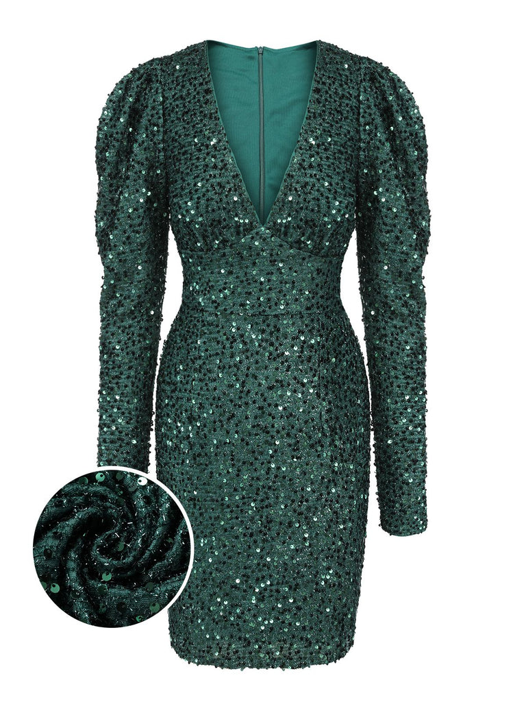 Robe crayon verte à paillettes et col en V des années 1960