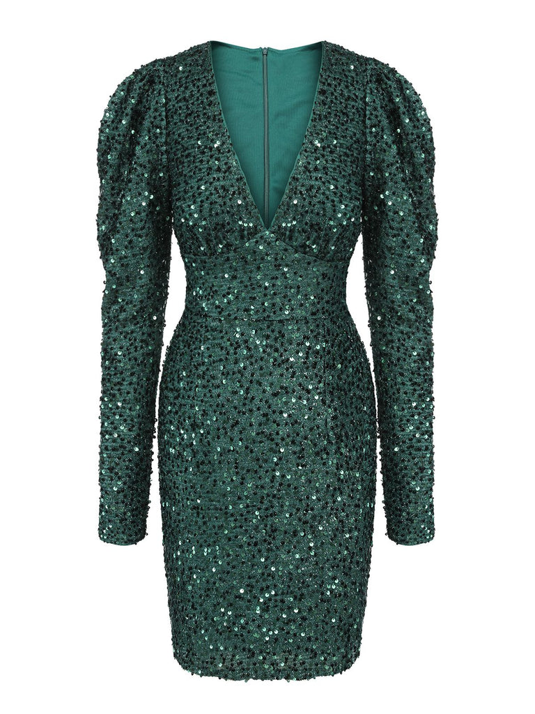 Robe crayon verte à paillettes et col en V des années 1960