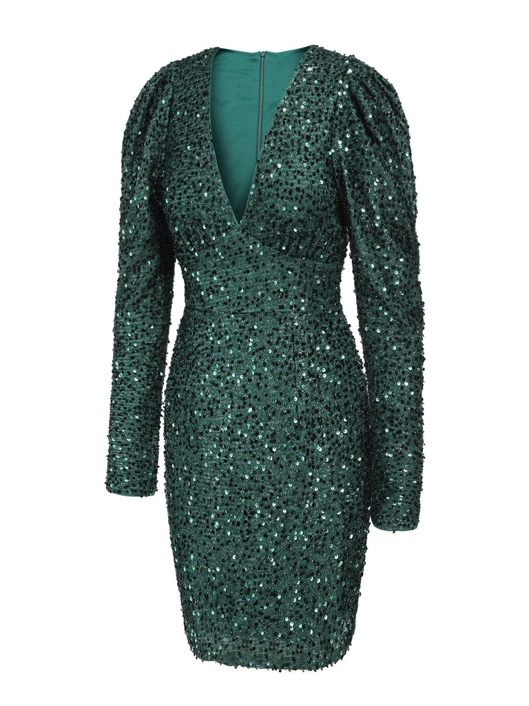 Robe crayon verte à paillettes et col en V des années 1960