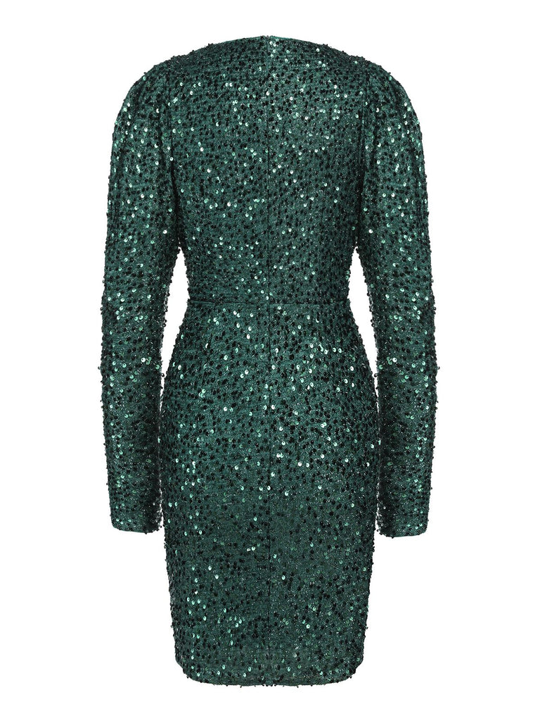 Robe crayon verte à paillettes et col en V des années 1960