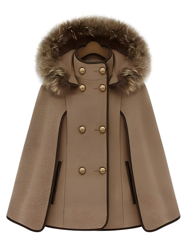 Manteau châle à capuche et col en fourrure détachable marron des années 1940