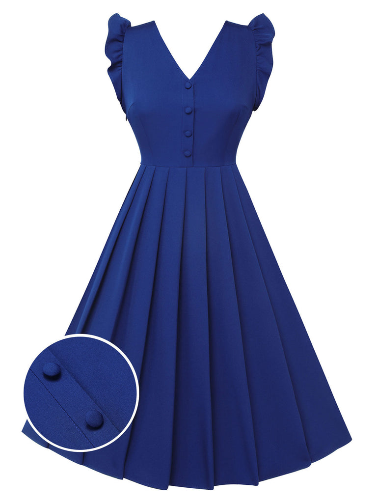 Robe bleue à bretelles plissées à volants des années 1950