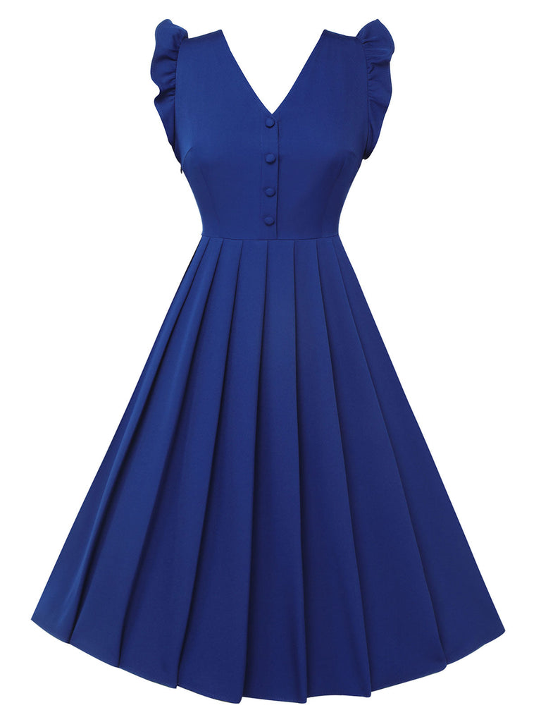Robe bleue à bretelles plissées à volants des années 1950