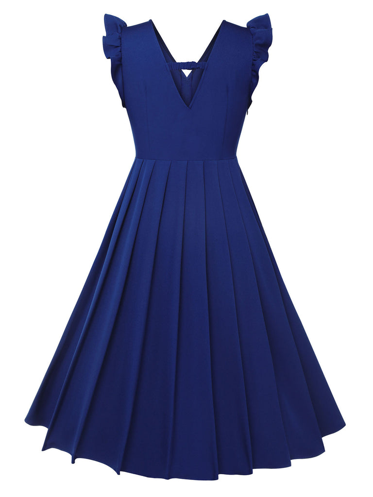 Robe bleue à bretelles plissées à volants des années 1950