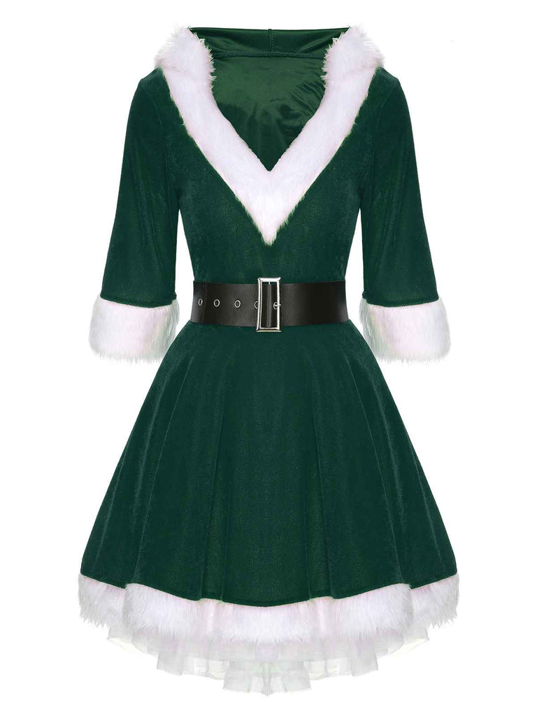 Robe Noël Femme Vintage Années 50 Pin-Up - Col V Fourrure Imprimé Festif